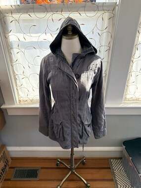 Authentic Wear by AG Grey Hooded Military Utility Jacket Plaid Lined Women's Siz